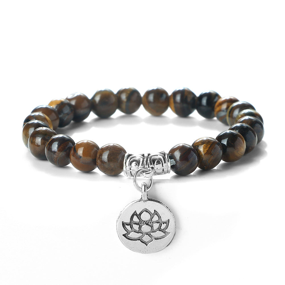 Wholesale 8mm Round Beads Beaded Elastic with Three-Way Alloy Lotus Pendant Buddhist Beads Bracelet