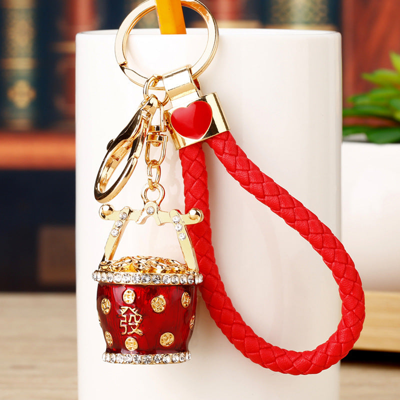 Wholesale Chinese Style Fortune Bucket Keychain Red Zinc Alloy Cornucopia Car Key Ring Decorative Bag Charm Gift