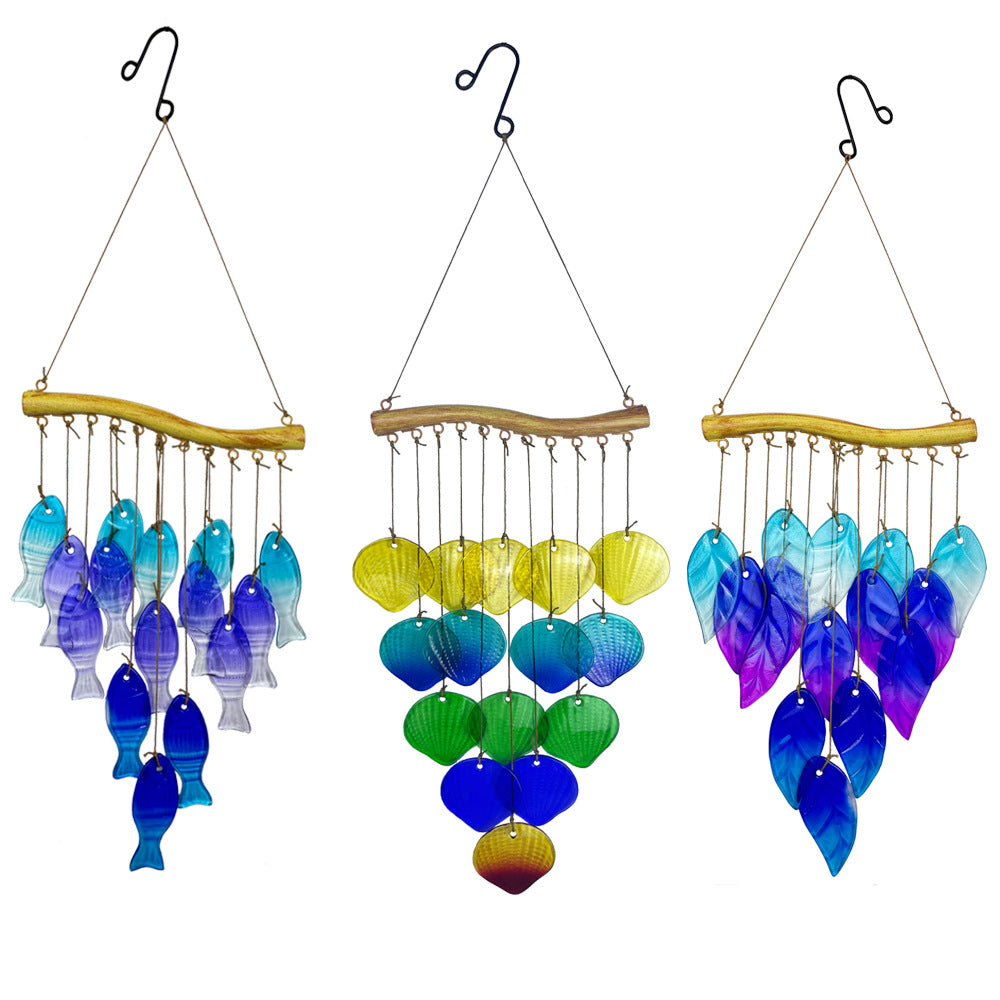 Wholesale Wind Chime Iron Art Hot Melt Colored Glass Fish Leaf Ornament