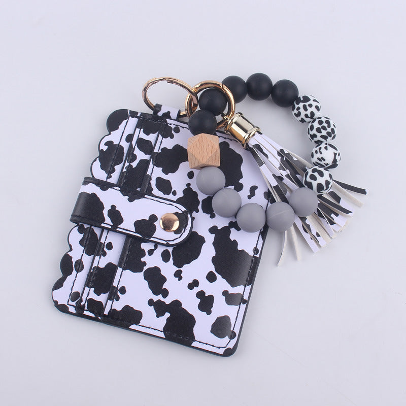 Wholesale Cartoon Cow Print Card Holder Wrist PU Keychain