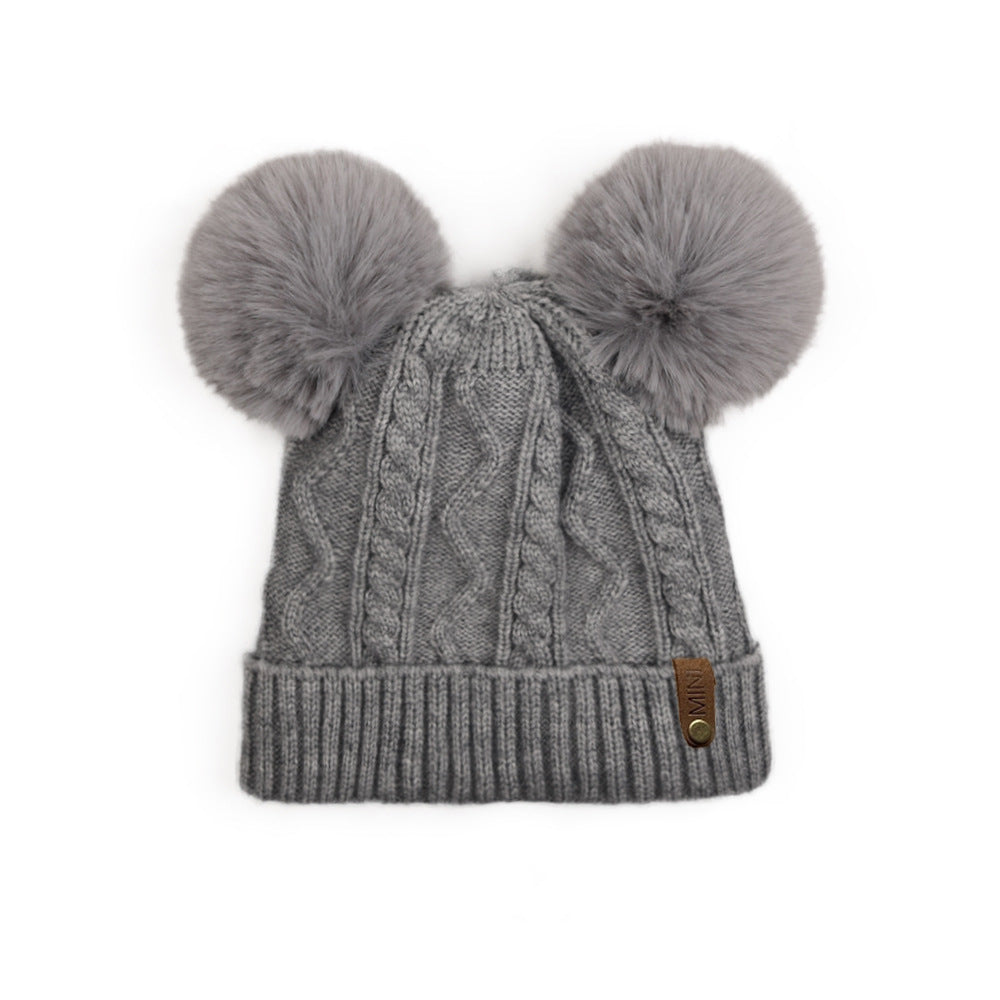Wholesale Autumn and Winter Fleece Leather Label MINI Double Wool Ball Outdoor Warm Detachable Knitted Hat