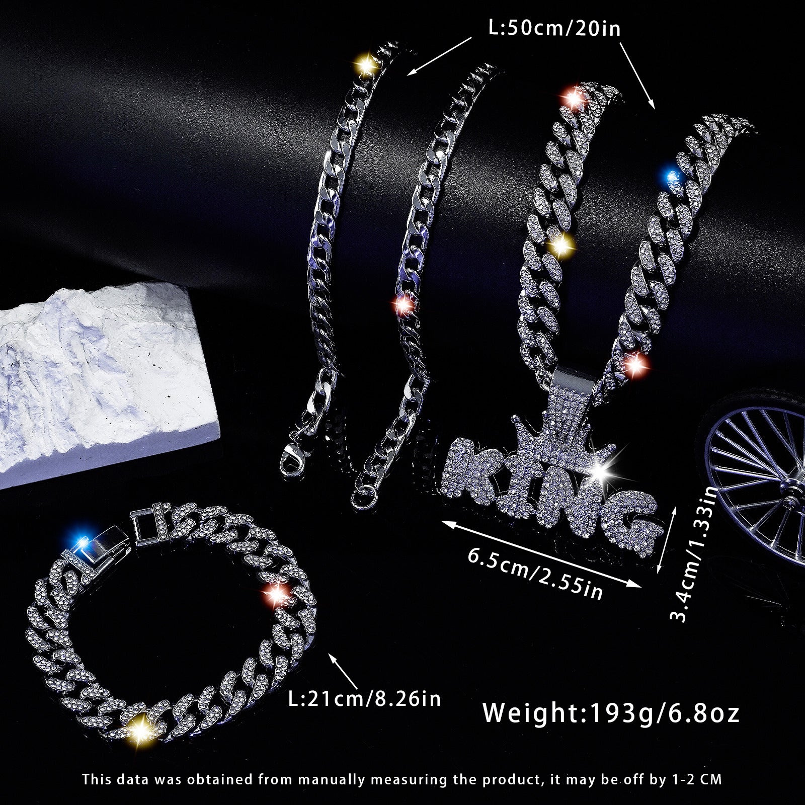 Wholesale Crown King Hip Hop Full Diamond Cuban Chain Bracelet Three-Piece Set