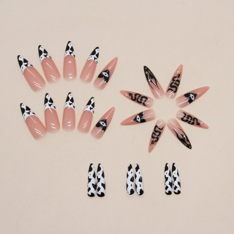 Wholesale Long Pointed Black French Milk Cow Pattern Nail Stickers