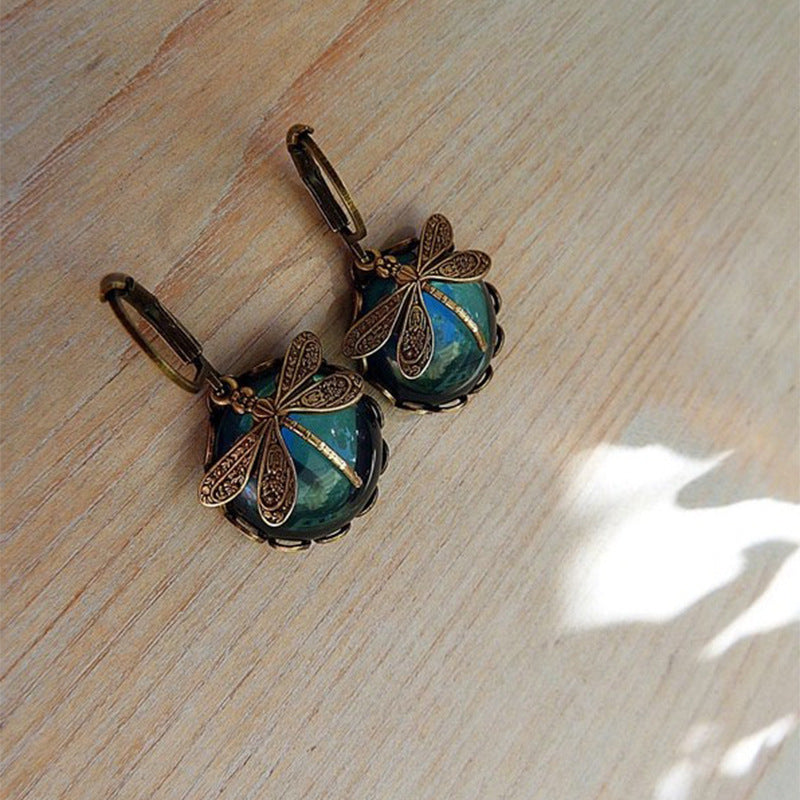 Wholesale Vintage Small Dragonfly Pattern Alloy Moonstone Earrings