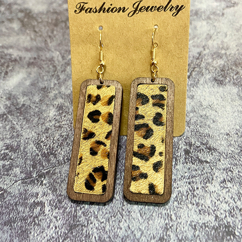 Wholesale Western Leopard Print Minimalist Bar Leather Retro Geometric Texture Inlaid Earrings