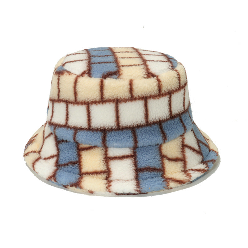 Wholesale 2023 Autumn and Winter Colorful Square Plaid Lamb Wool Bucket Hat