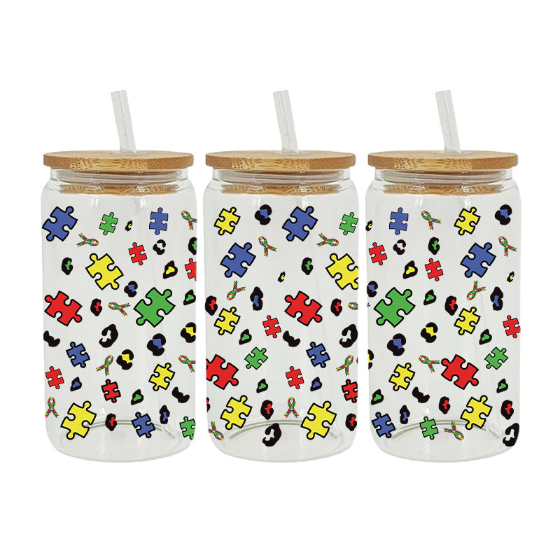 Wholesale Colorful Cartoon Puzzle 16oz Cup UV DTF Wraps