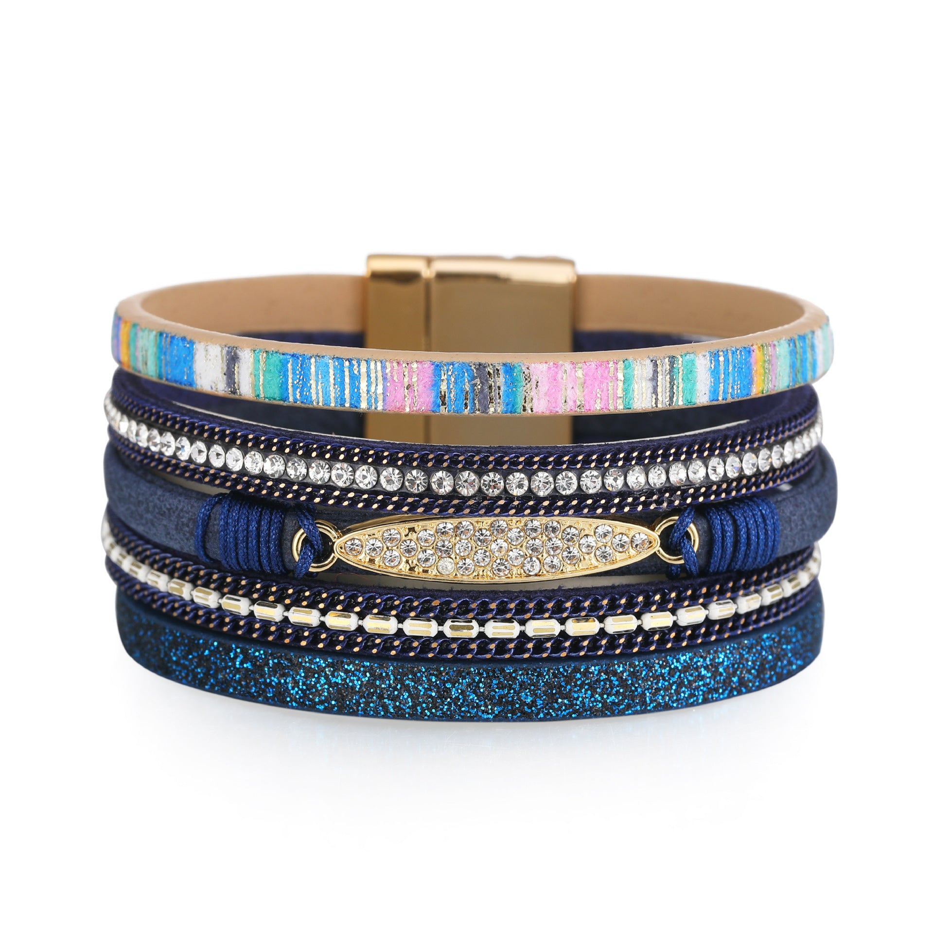 Wholesale Bohemian Ethnic Style Diamond Colored Magnetic Buckle Leather Bracelet