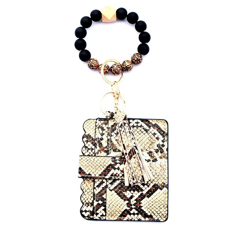 Wholesale Colorful Beads PU Leopard Snake Print Coin Purse Keychain