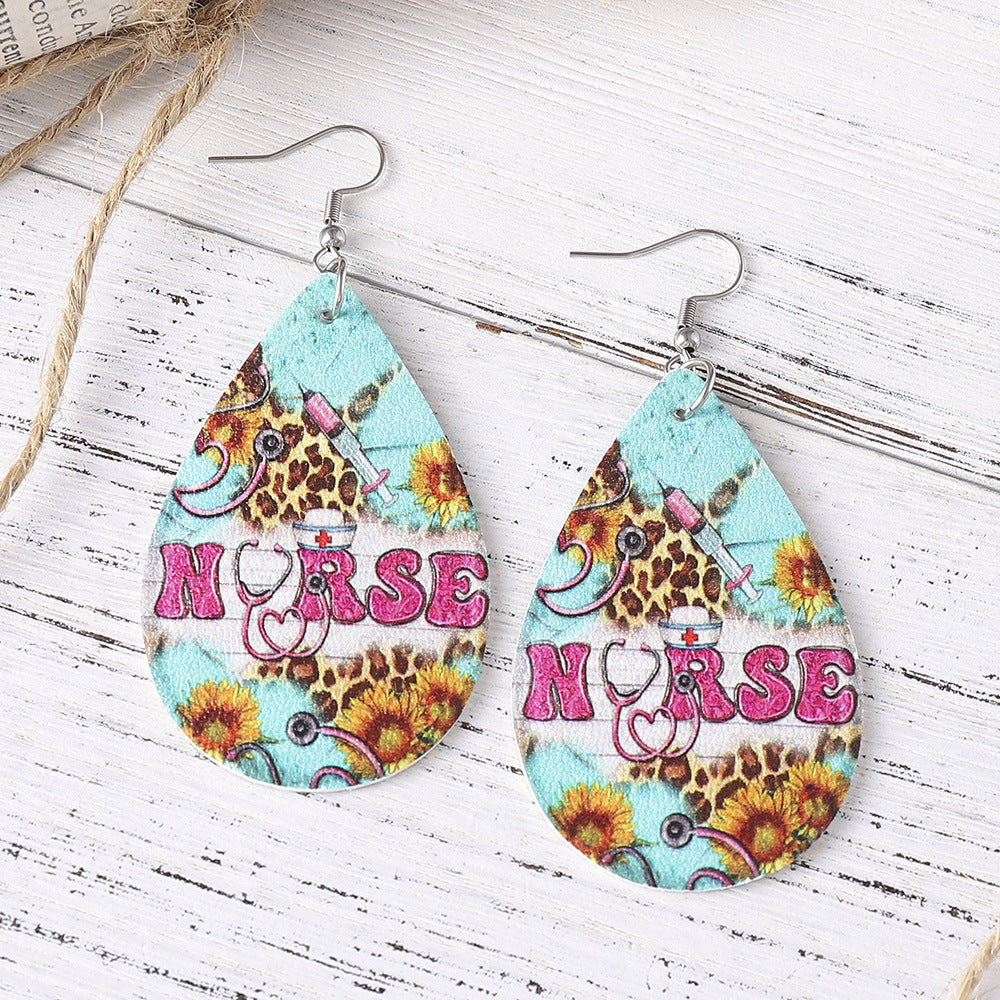 Wholesale Nurse' s Day western style leopard print sunflower  leather pendant earrings