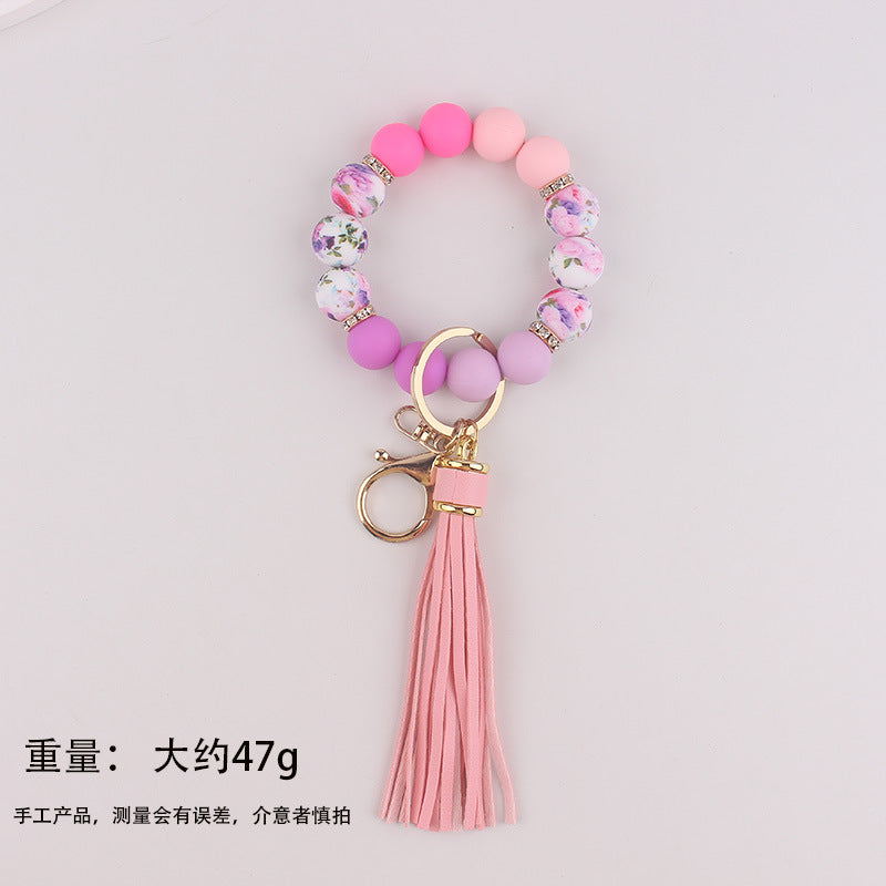 Wholesale 3pcs Food Grade Silicone Bead Key Bracelet Printed Silicone Wrist Keychain