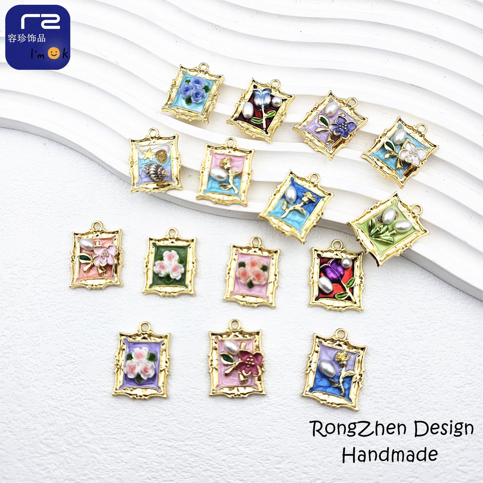 Wholesale 10pcs/pack Vintage Photo Frame Famous Painting French Earrings Necklace Pendant DIY Oil Painting Flower Monet Garden Alloy Oil Dropping Accessories