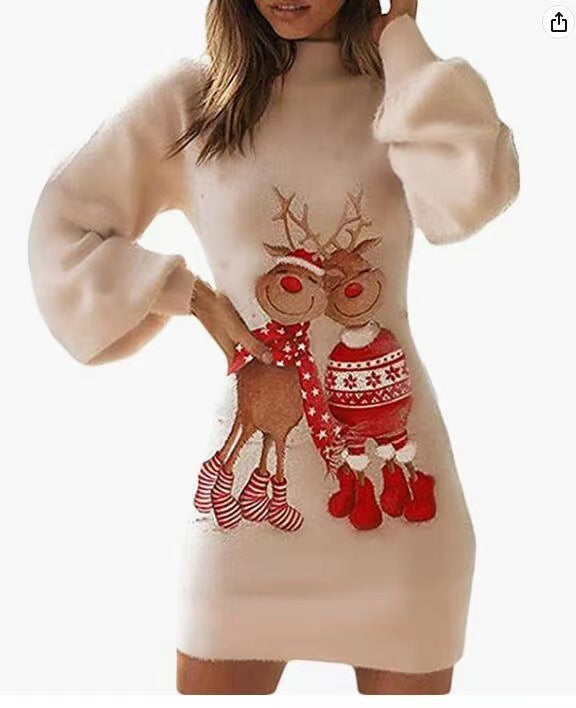 Wholesale Flannel Christmas Print Slim Fit Bag Buttocks Lantern Long Sleeved Dresses