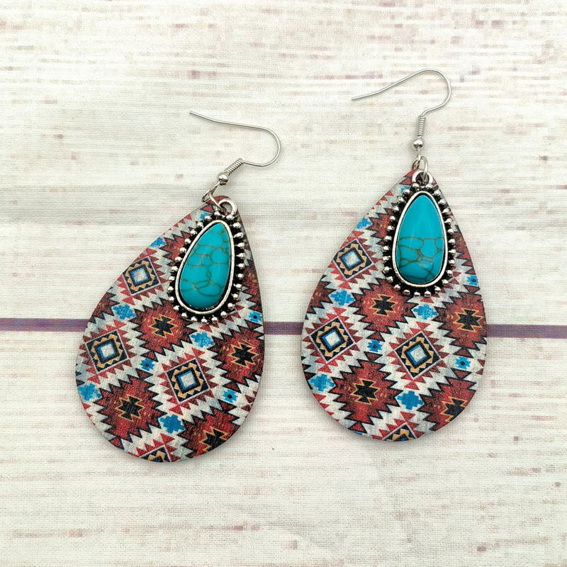 Wholesale Western Style Aztec Turquoise Ethnic Style Leather Drop Earrings