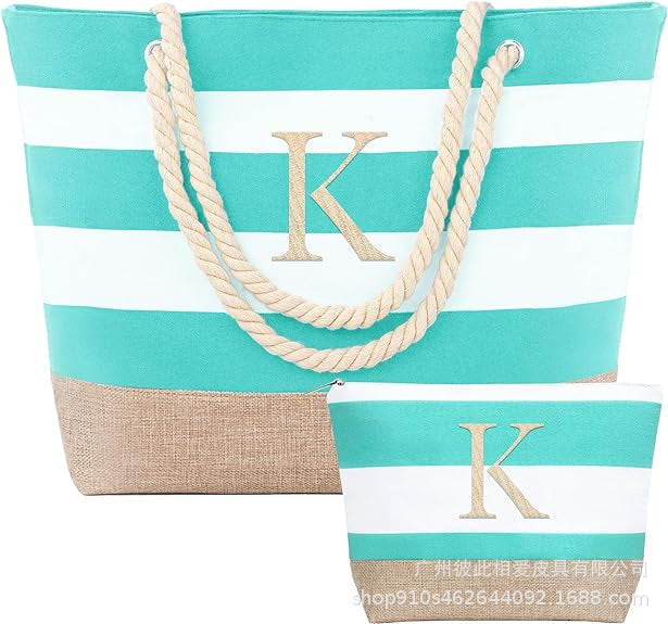 Wholesale Letter Canvas Striped Beach Handbag Zipper Multi-pocket Tote Bag