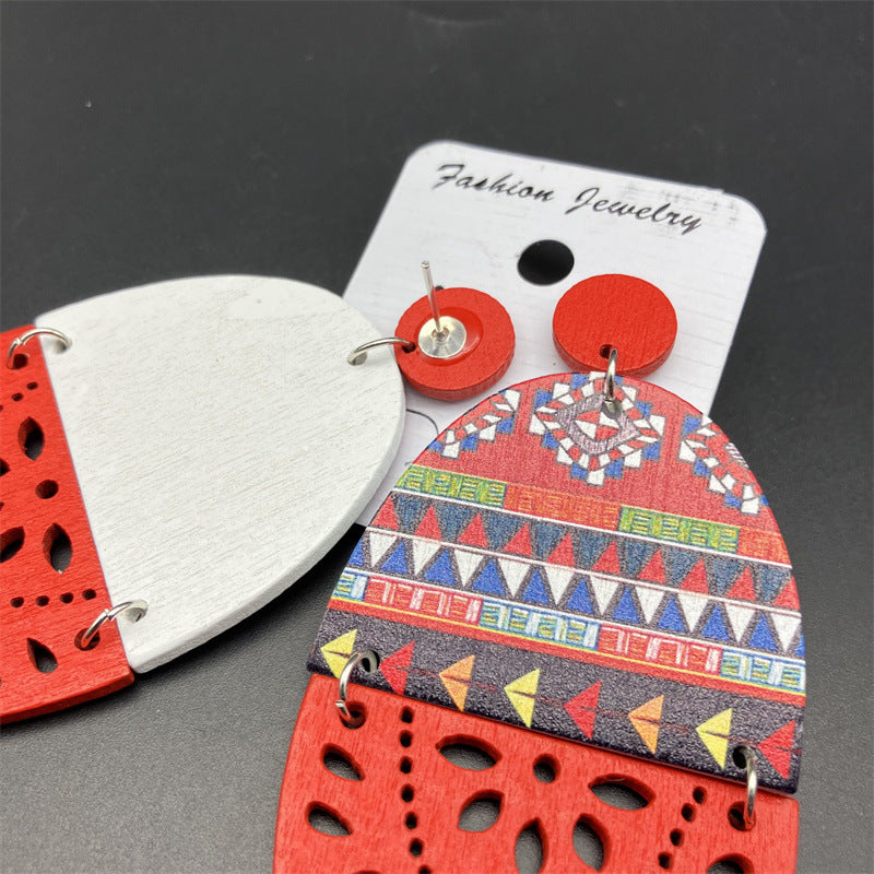Wholesale Retro Exaggerated Wood Print Hollow Earrings