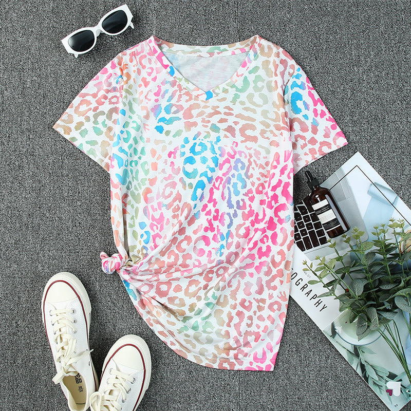 Wholesale Leopard Print Contrast Color Loose and Versatile Western Style Short Sleeves