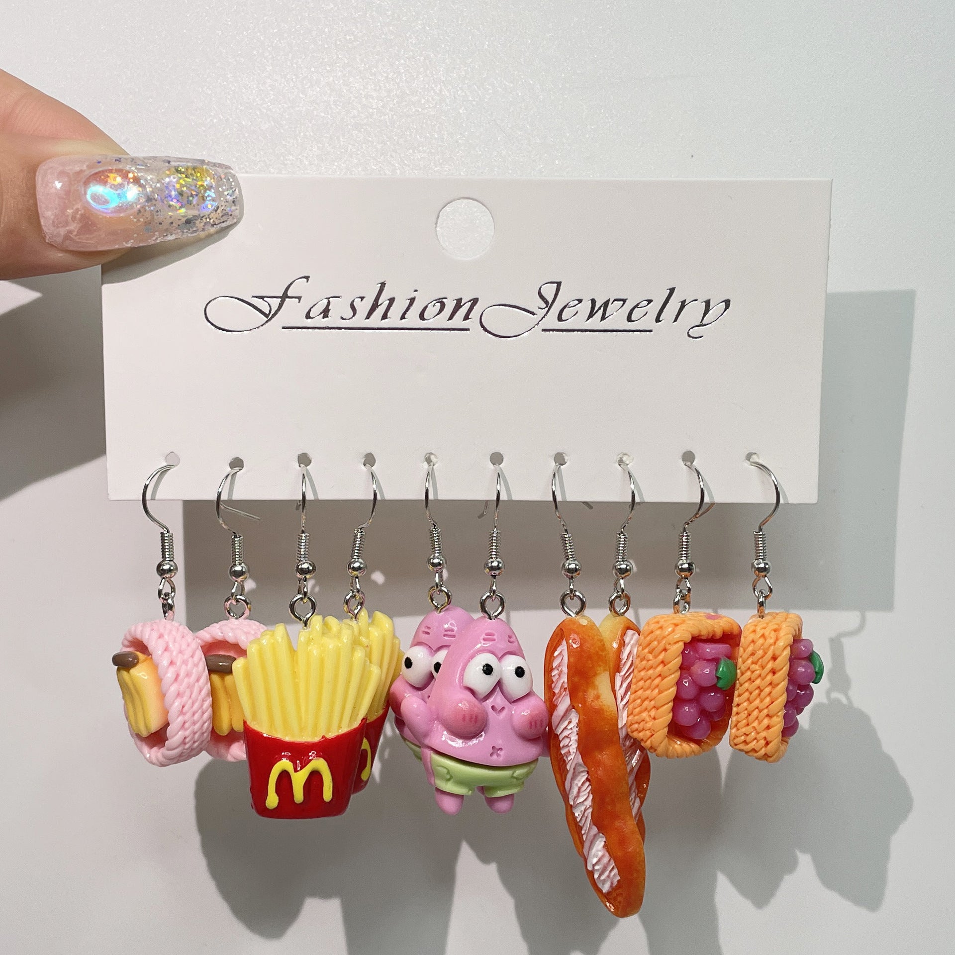 Wholesale 5pcs/pack Funny Food Play Donut Fries Artificial Fruit Orange Pineapple Cute Pie Creative Earrings Set