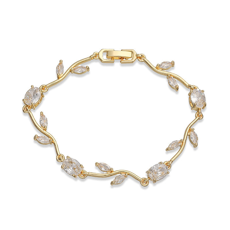 Wholesale Copper Inlaid with Colored Diamonds Leaves and Petals Bracelet