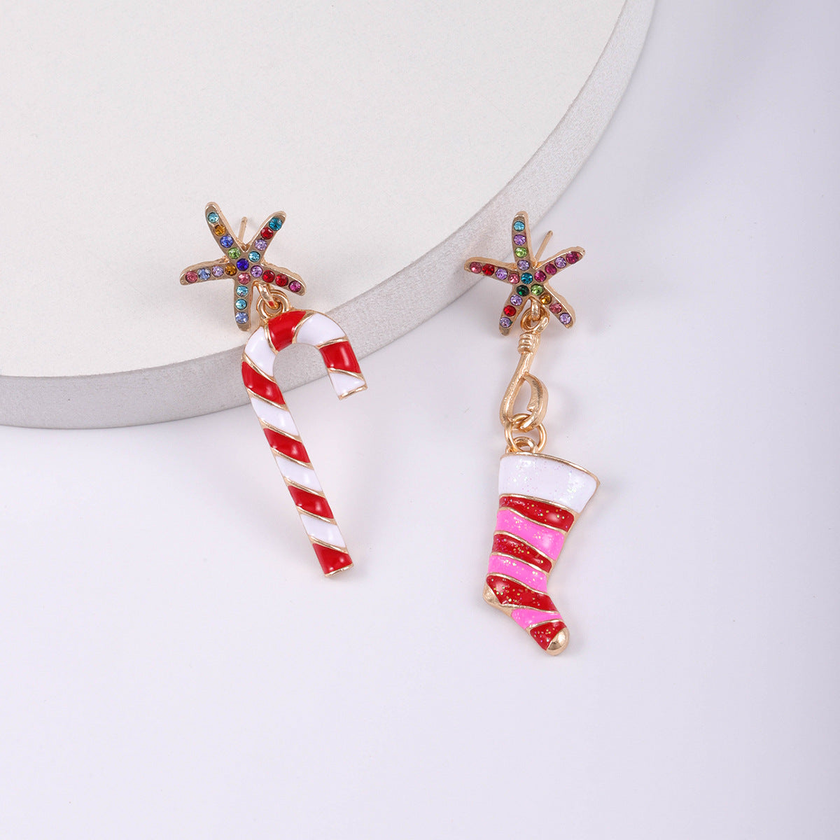 Wholesale Christmas Walking Stick Alloy Diamond and Rice Bead Earrings