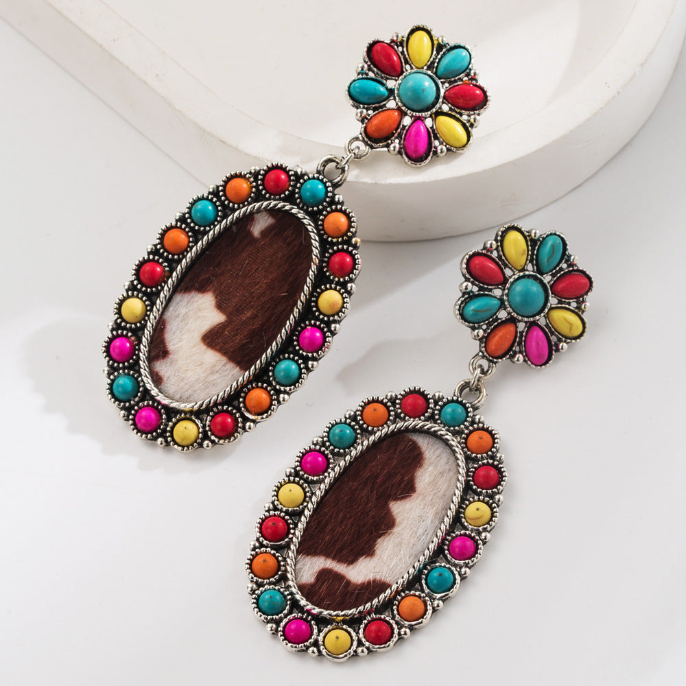 Wholesale Turquoise-set leopard print leather earrings