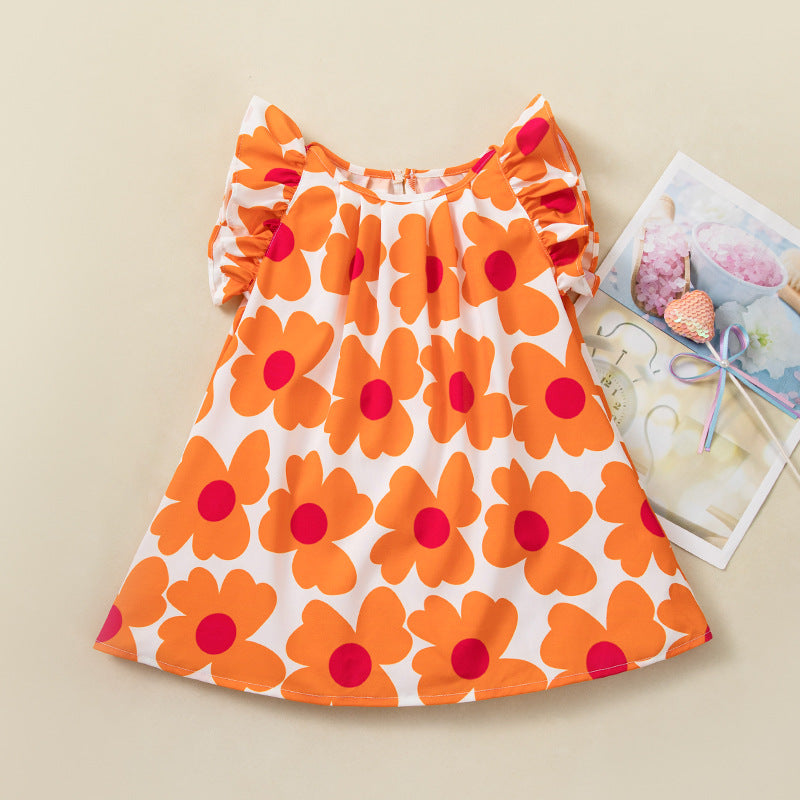 Wholesale Chic Summer Girls A Line Dress With Sunflower Print Flutter Sleeves Polyester Casual Everyday Wear
