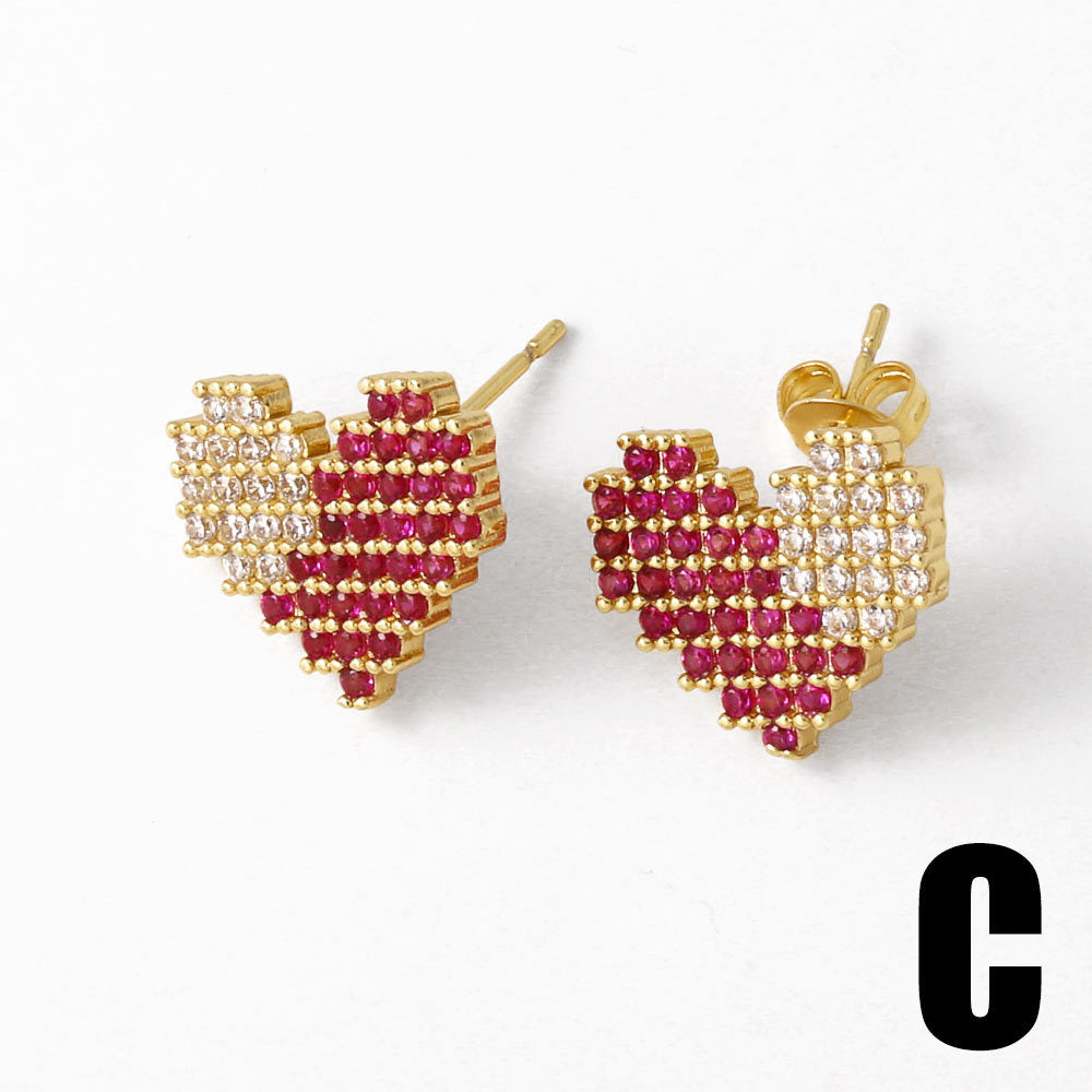 Wholesale Love Heart Copper Plated Real Gold Full Zircon Earrings