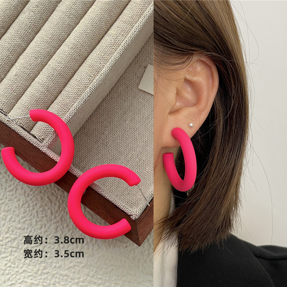 Wholesale Candy Colored Geometric Square Circles C-shaped Rose Red Alloy Earring