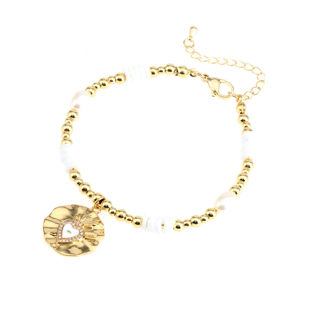 Wholesale Zircon Copper Love Heart Pendant Shell Disc Beads Bracelet
