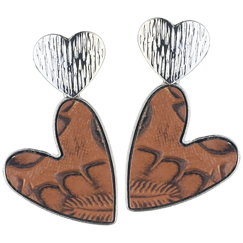 Wholesale 2Pairs/pack Metal Double Heart Embossed Textured Western Leather Earrings
