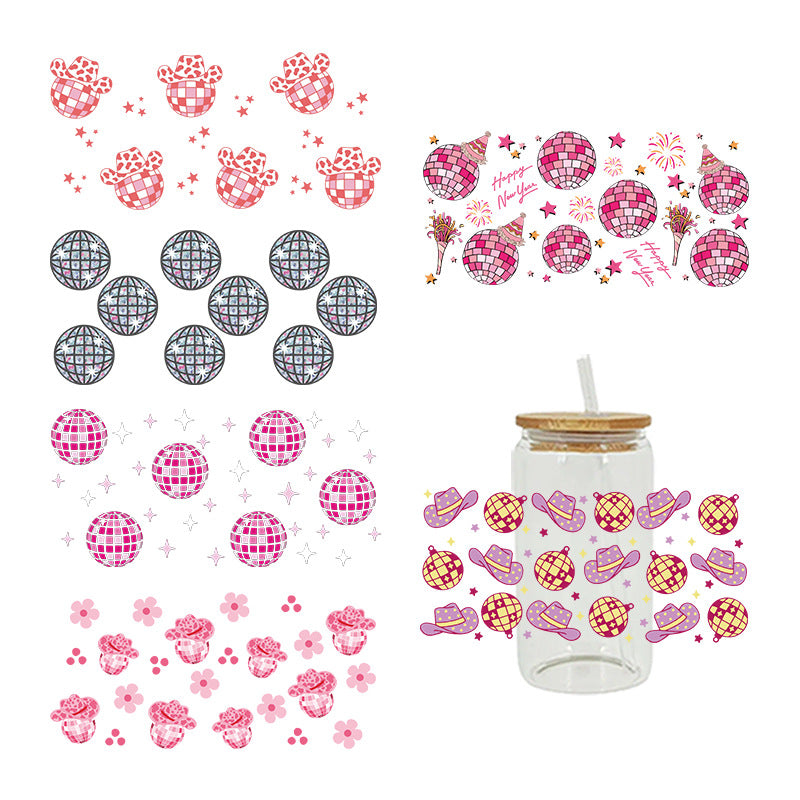 Wholesale Pink Cartoon Cute Disco Theme 16oz Cup UV DTF Wraps