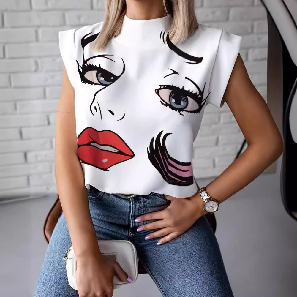 Wholesale Popular Summer Simple Stand-up Collar Lip Print Women's Shirt