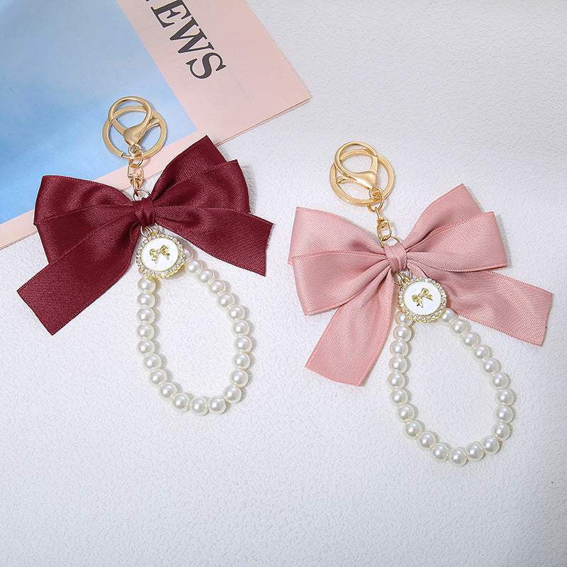 Wholesale New Large Pearl Bow Keychain Pendant Handmade Hair Accessories Ribbon Cloth Knot Accessories Headset Bag Decoration