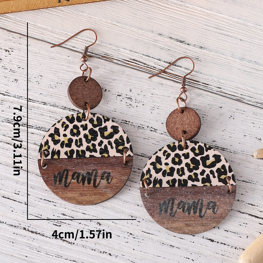 Wholesale Mother' s Day Leopard Round Pieces ing Pendant Wooden Earrings