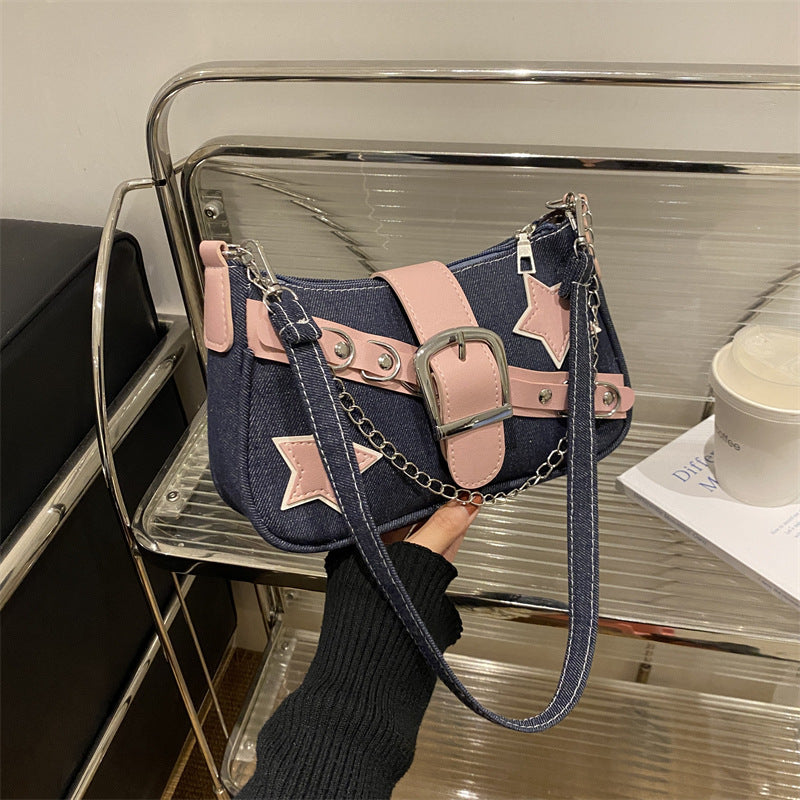 Wholesale Trendy Star Casual Denim Chain Shoulder Underarm Bag