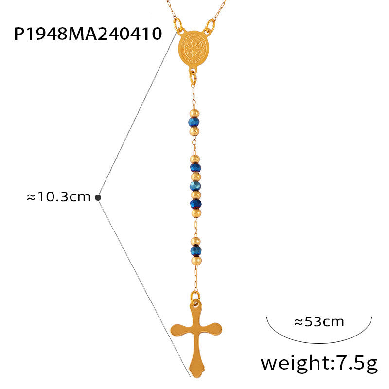 WholesaleRetro Rosary Cross Figure Round Pendant Titanium Steel Necklace