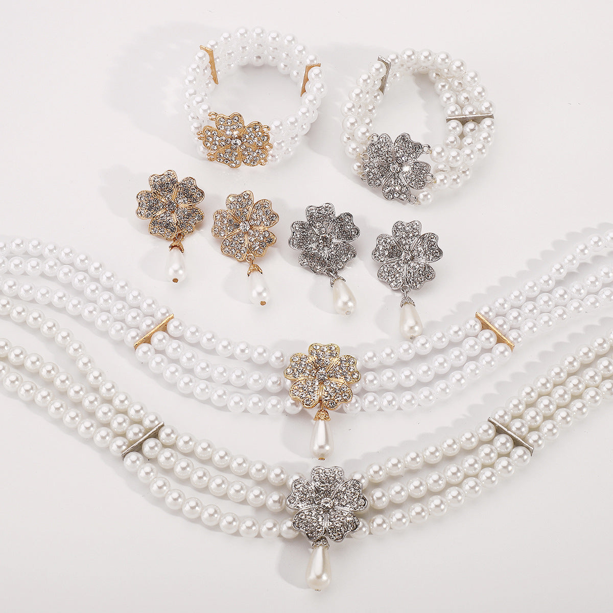 Wholesale Flower Diamond White Pearl Earrings Bracelet Necklace