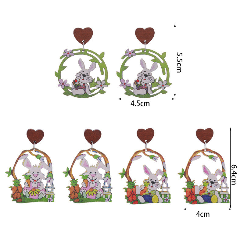 Wholesale Easter Bunny Flower Basket Printed Egg Wooden Earrings