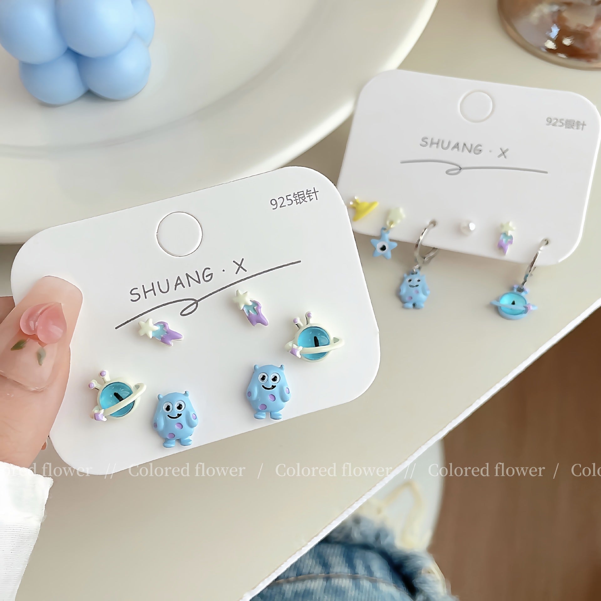 Wholesale Silver Needle Blue Little Monster Stud Earrings Set Cartoon Opal