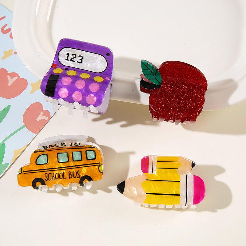 Wholesale Fashion Hair Gripper Clip PVC Cartoon School Bus Pencil Calculator Airplane Design For Women Everyday Styling