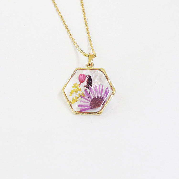 Wholesale 6pcs Polygonal Real Flower Preserved Flower Dried Flower Necklace