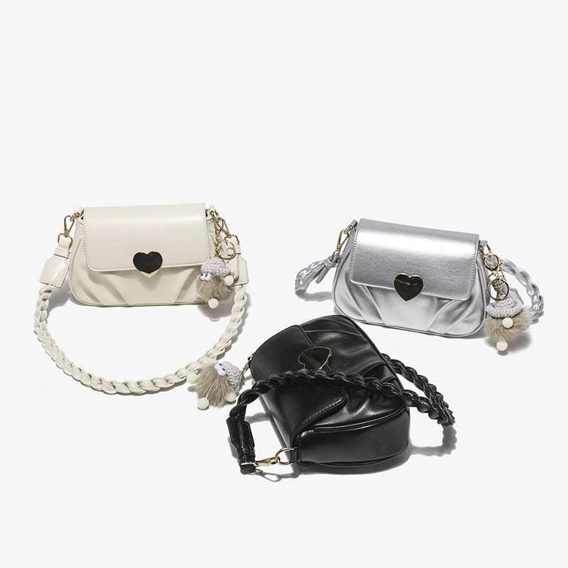 Wholesale 2023 Soft Leather Peach Heart Button Pleated Small Round Bag Shoulder Crossbody Bag