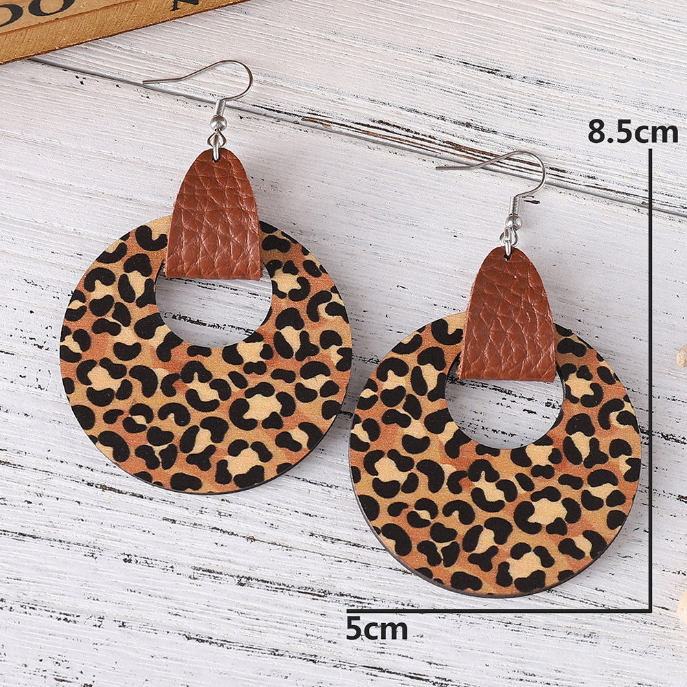 Wholesale Ethnic Bohemian Leopard Print Round Reversible Leather Earrings