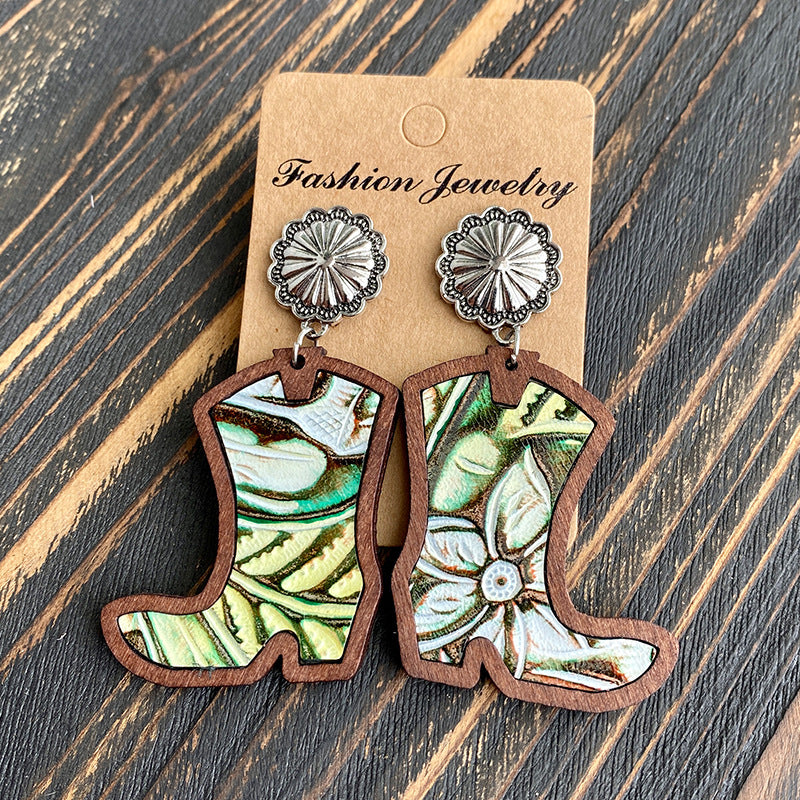 Wholesale Western Style Western Cowboy Boots Leopard Print Cow Print Earrings