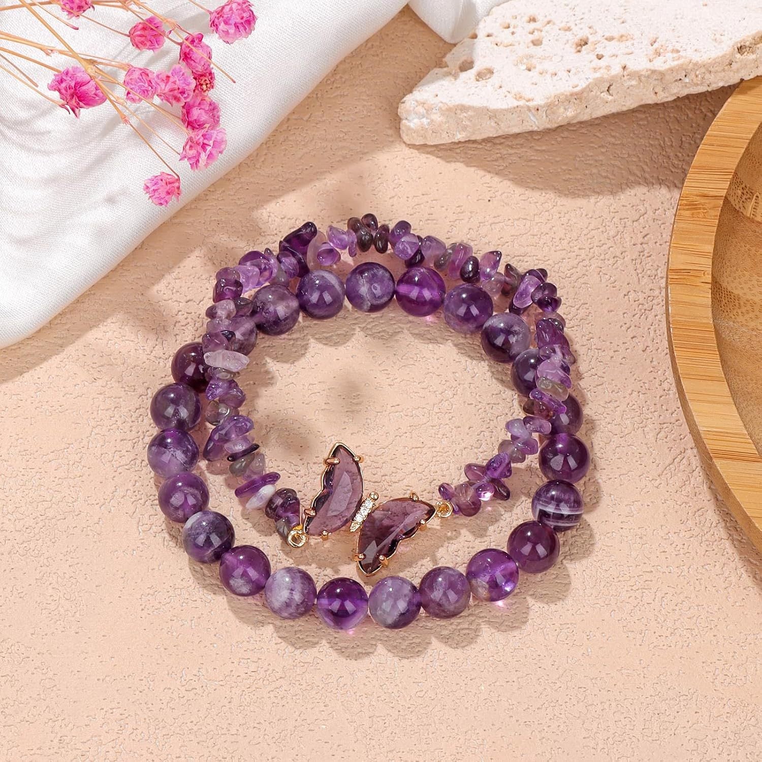 Wholesale Butterfly Double Layer Amethyst Chip Beaded Bracelet Women S Fashion Jewelry Accessory Boutique Resale Gift