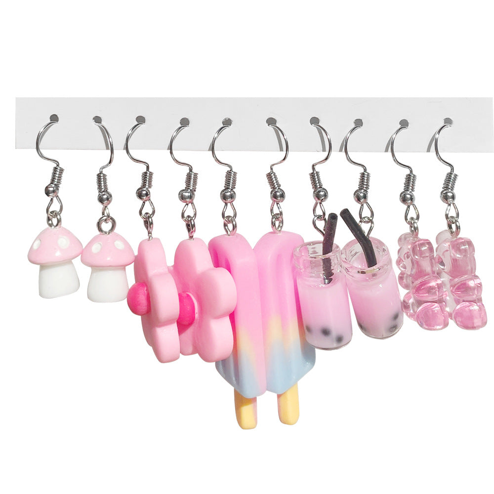 Wholesale 5pcs/pack Hot Sale Sweet Cool Cute Resin Funny Cartoon Flower Strawberry Mushroom Earrings Set
