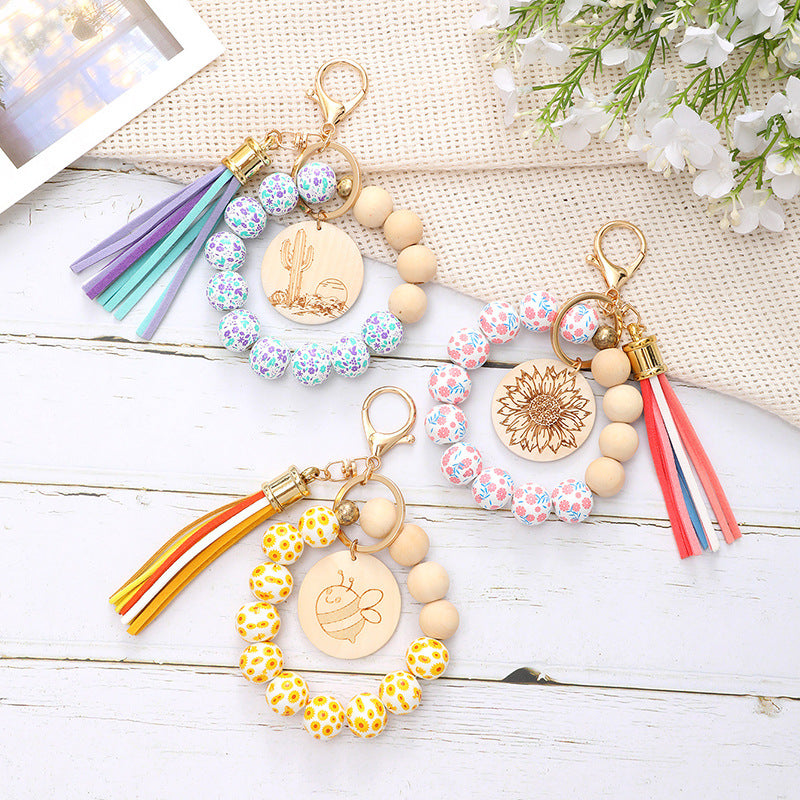 Wholesale Summer Holiday Style Fresh Colorful Wooden Beads Tassel Wood Wrist Keychain