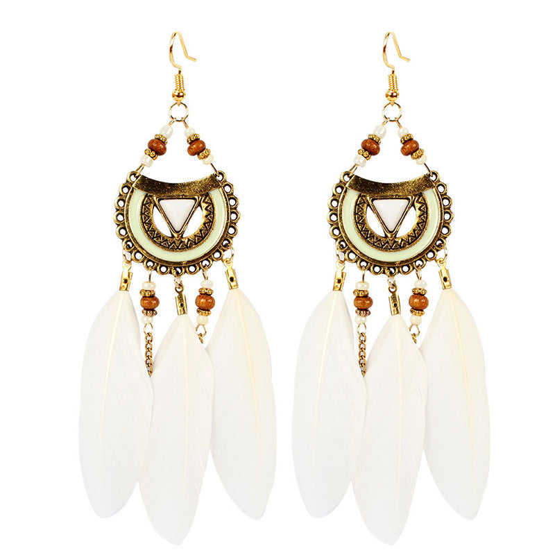 Wholesale White Feather Tassel Long Vintage Earrings