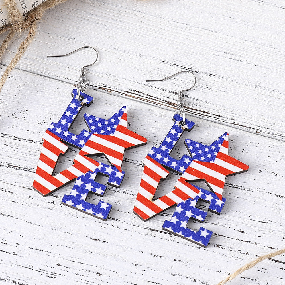 Wholesale American Independence Day Star Sunflower Wooden Double-Sided Earrings
