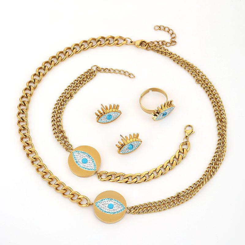 Wholesale Gute Double Layer Necklace Devil Eyes Earrings Ring Jewelry Set